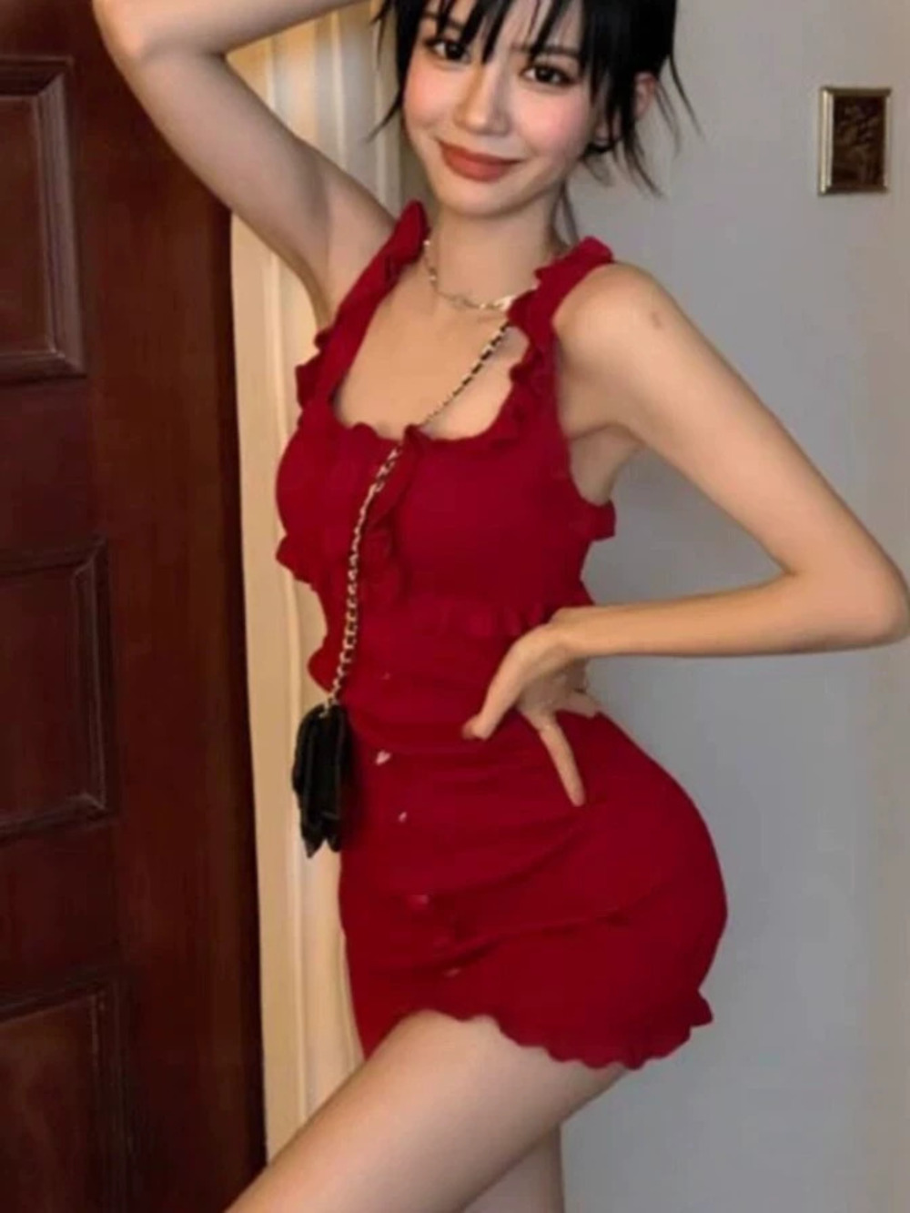 ZARA Summer Sweet Spicy Womens Knit Cami Dress Ruffle Trim Unique Red Bodycon